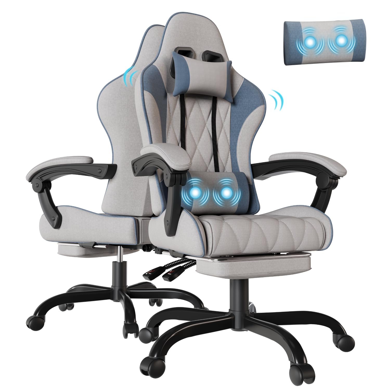 Flamaker Sedia da Gaming in Tessuto con Poggiapiedi, Massaggiante Sedia Ufficio con Schienale alto(con Presa USB), Cuscino Ispessito da 9 cm, Sedia da Gioco Ergonomica per Adulti, Grigio Chiaro