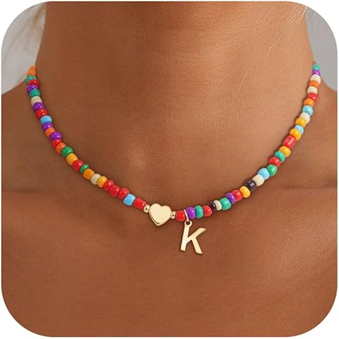 Eaciy Christmas Gifts for Grandkids Teens Girls - Colorful Beaded Initial Necklace Teen Girl Gifts Trendy Stuff Dainty Letter Choker Necklace Stocking Stuffers for Teen Girls Women Jewelry