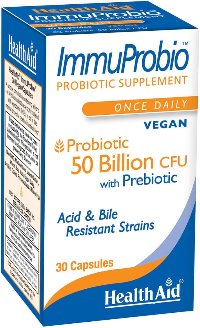 HealthAid ImmuProbio 50 Billion CFU with Prebiotic, 30ct, Once Daily, Acid & Bile Resistant Strains, Vegan