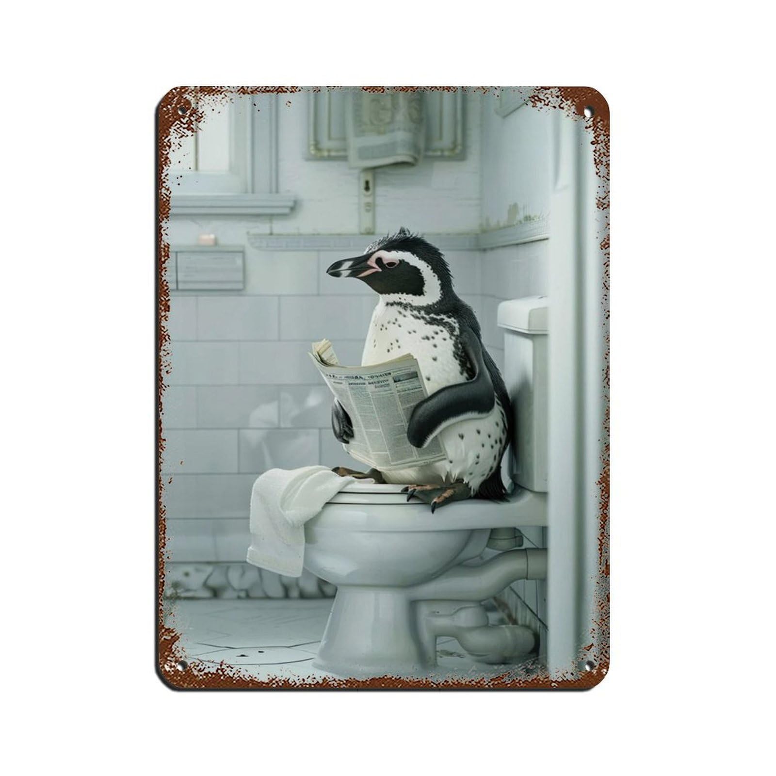 Penguin Sitting on The Toilet Reading A Newspaper (8) Tin Sign Vintage Metal Pub Club Cafe Bar Home Wall Art Decoration Poster Retro 12x16inch(30x40cm)