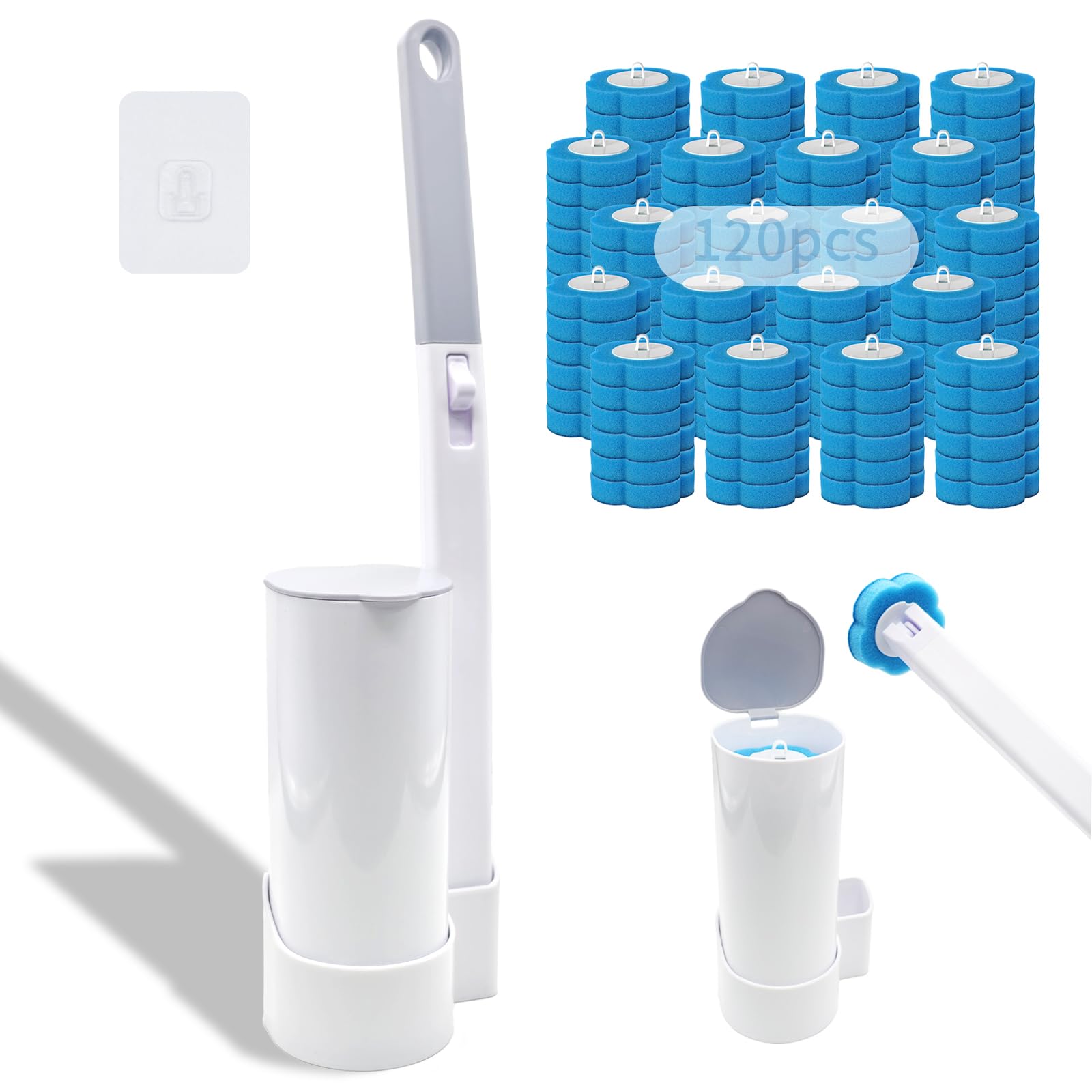 Amestar Escobilla de inodoro con 120 recambios, cepillo de limpieza de inodoro blanco, cepillo de inodoro, repuesto para inodoro eficiente y profundo