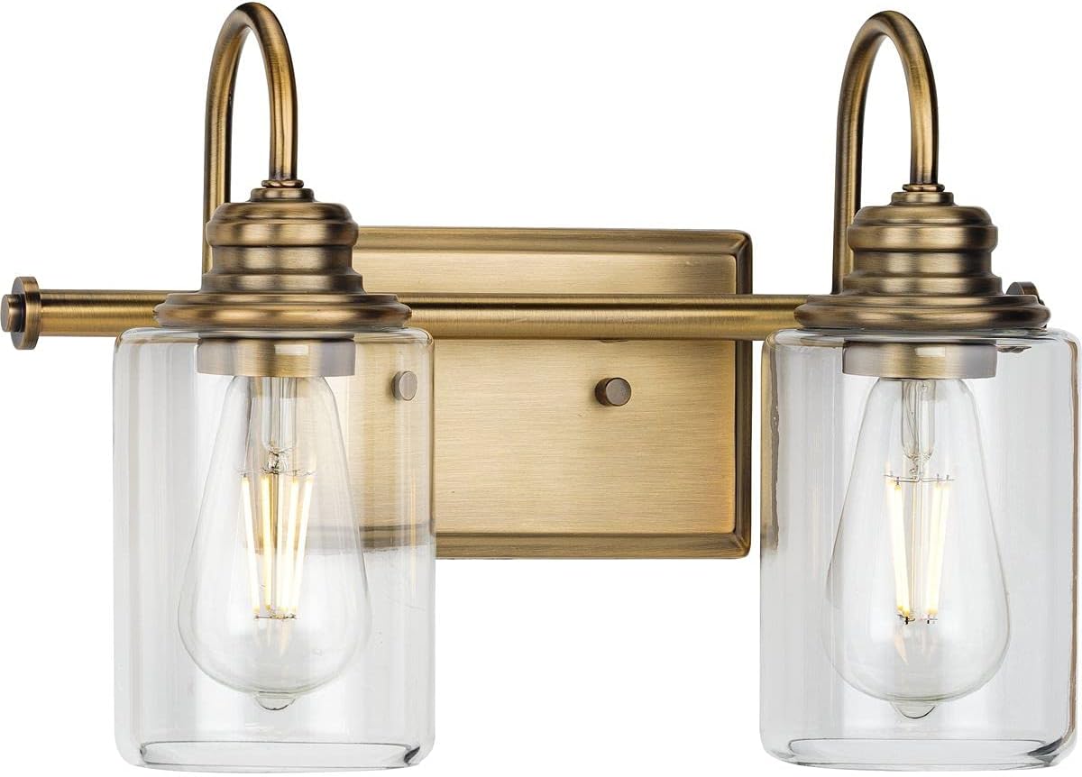 Progress Lighting Aiken Collection 2-Light Vintage Brass Clear Glass Vintage Bath Vanity Light