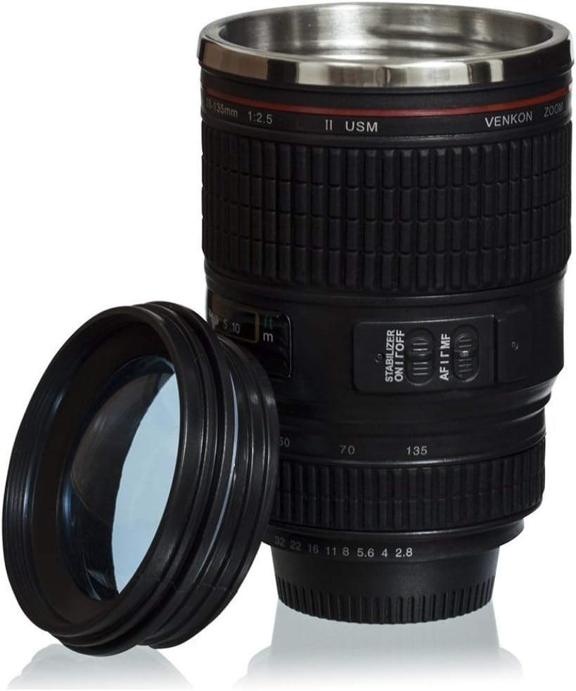 Coffee Mug with Lens Lid - Black "Digital Camera" Design 0.35l - Gadget Travel Mug for On the Go - Grinscard