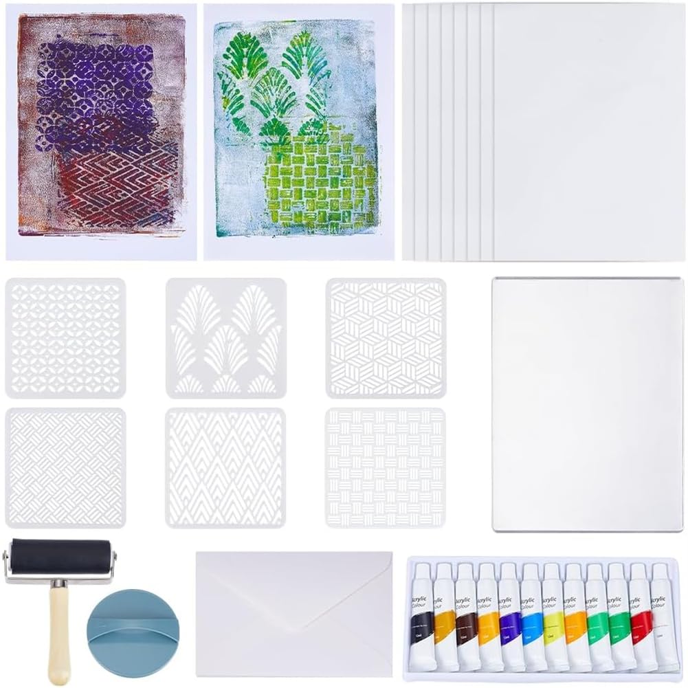 UDSKNV[KSL Gelatin Plate Kit 5x7 Inch Reusable Gel Printing Plate,Stencils, Acrylic Paint, Essential Tools for Printmaking Supplies