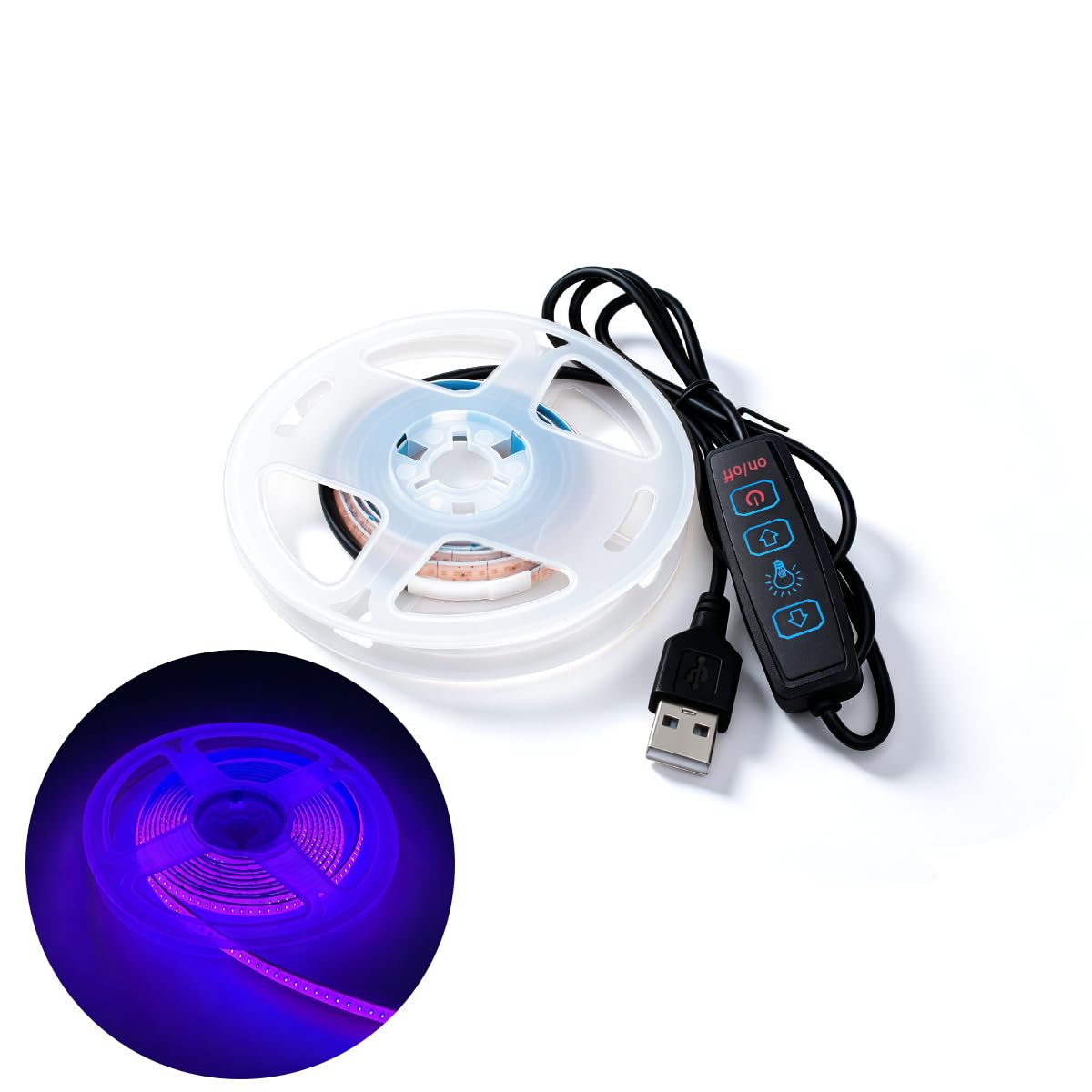 Innfeeltech 1M COB LED Light Strip, 5mm Width 5V Purple 400LEDs/m Light Strip, USB Connector with Dimming Button