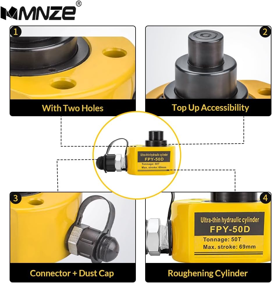 50T 65mm/2.6" Stroke Hydraulic Cylinder Low Profile Jack Multi-Section Ram Jack Lifting Cylinder for Machinery Ship Bridge Construction