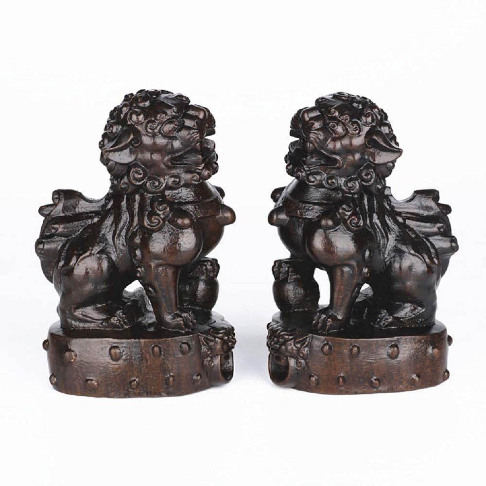 YNIYUJKL Feng Shui Ornaments Pair Beijing Lions Statues Fu Foo Dogs Decoration Sculpture Agarwood From Vietnam Black Wood Home Office Business Gift