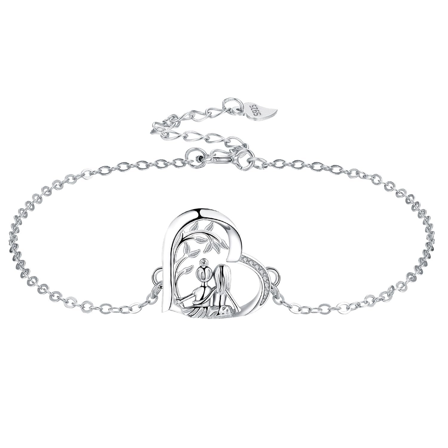 Yinsen Pulseras Hermana para Mujer Plata de Ley 925 con Colgante de Corazón Pulseras,Ajustable17+4cm Regalo para Mujer Novia Hermana
