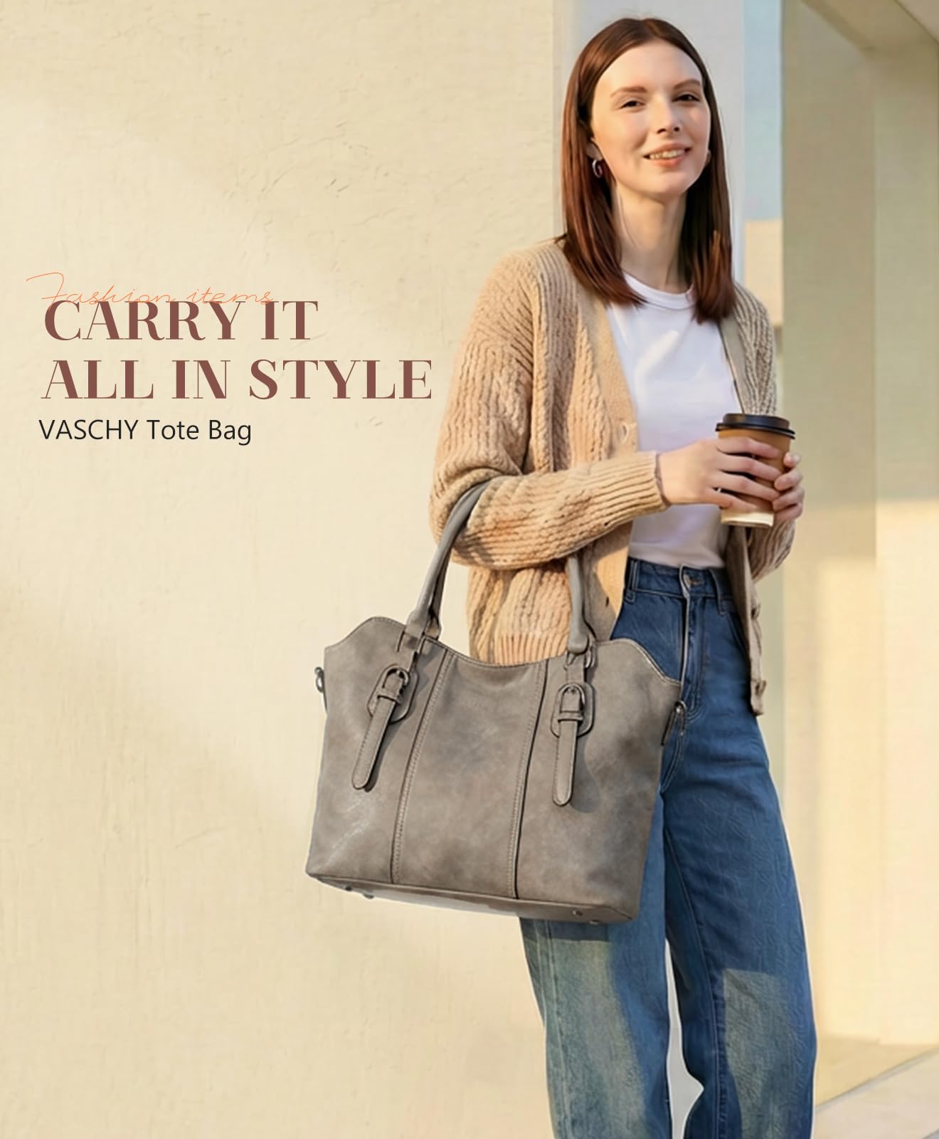 VASCHY Grand Sac à Main Femme en Cuir PU, Sac Fourre Tout Pratique avec Bandoulière de Guitare pour Cours Travail Voyage Cadeau