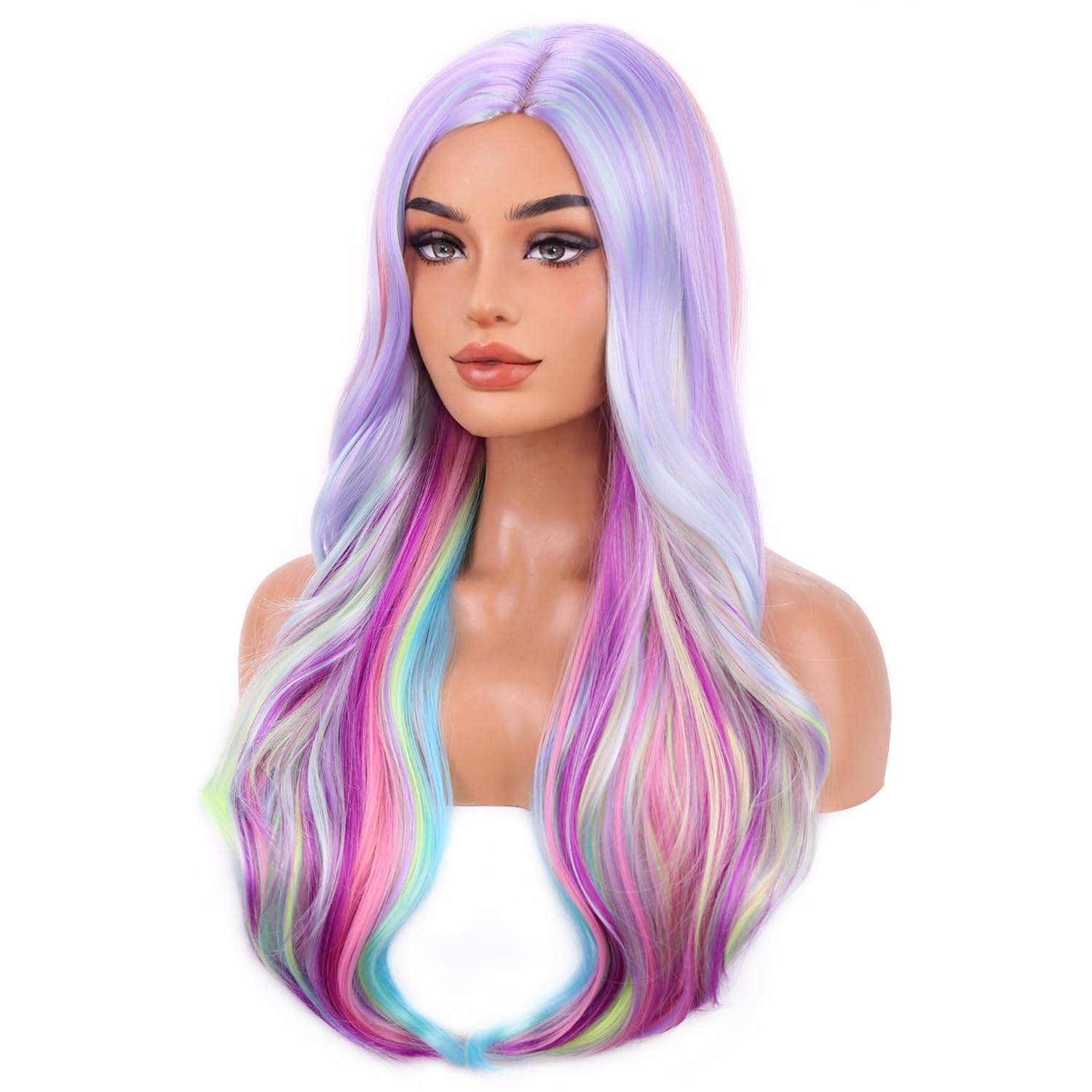RightOn Rainbow Wig Long Curly Wig Multi-Color Wigs Charming Full Wigs for Cosplay Party or Daily Use Hairnet Included