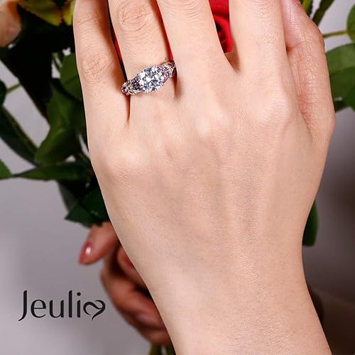 Vista 7 de Jeulia - Juego de anillos de mariposa de plata de ley personalizados de 4.3 quilates para mujer, corte redondo, amatista morada, anillo de boda