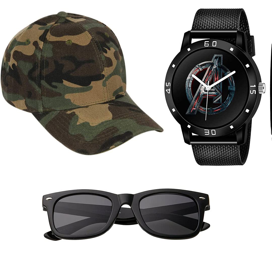 faas Militray Baseball Cap, Black Watch & Black Sunglasses Combo for Men & Boys.Pack of 3