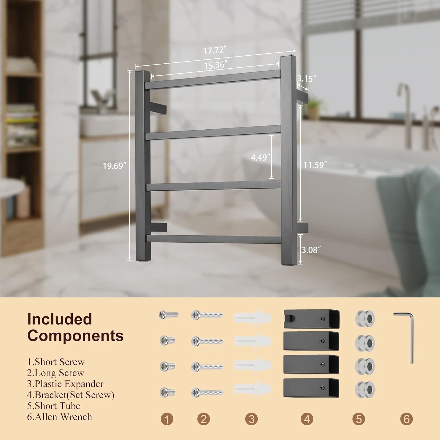 Towel Warmer Black for Bathroom Wall Mounted Bath Towel Heater Plug-in Electric Heated Towel Rack Stainless Steel Square 4 Bars Drying Rack ETW13-2A 35W 19.69x17.71x4.33 inches (Power on Left)