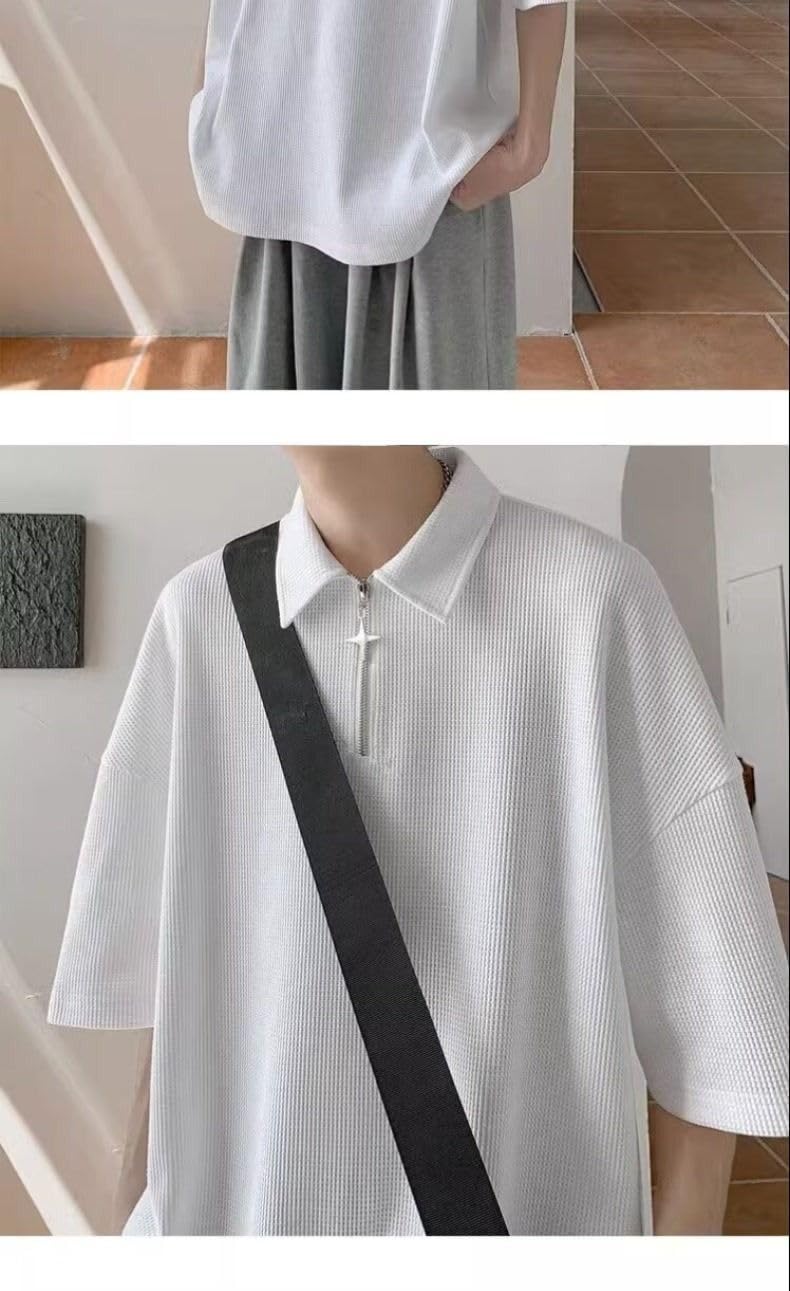 MORISTE Polo Uomo Waffle Mezza Zip Manica Corta vestibilità Comoda Plus Size Traspirante Estate Casual Top