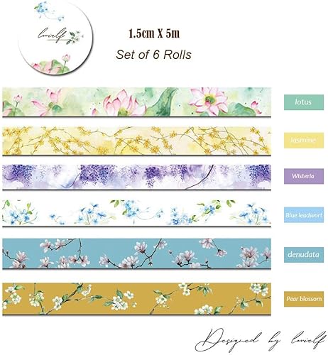 Miniatura 2 de lovielf Juego de 6 rollos de cinta washi con diseño de flores florales clásicas de acuarela suave, 0.059 in x 23.0 ft (7.65 yardas), para arte,