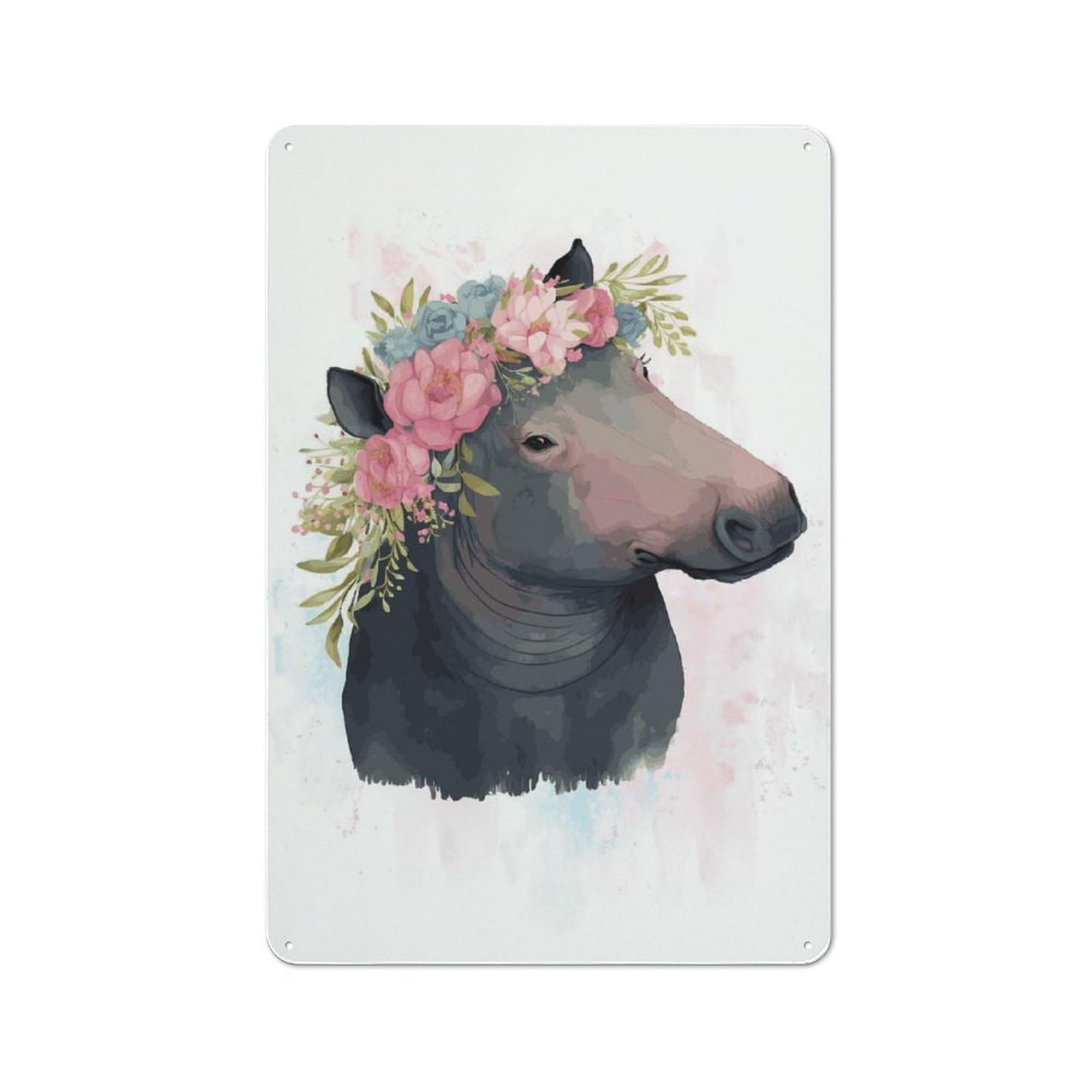 Junmoney Style-4 Floral Watercolor Tapir Rustic Tin Wall Plaque 30X20cm For Hobby Room Or Studio, A New Home Present For Creative Interior Collectors