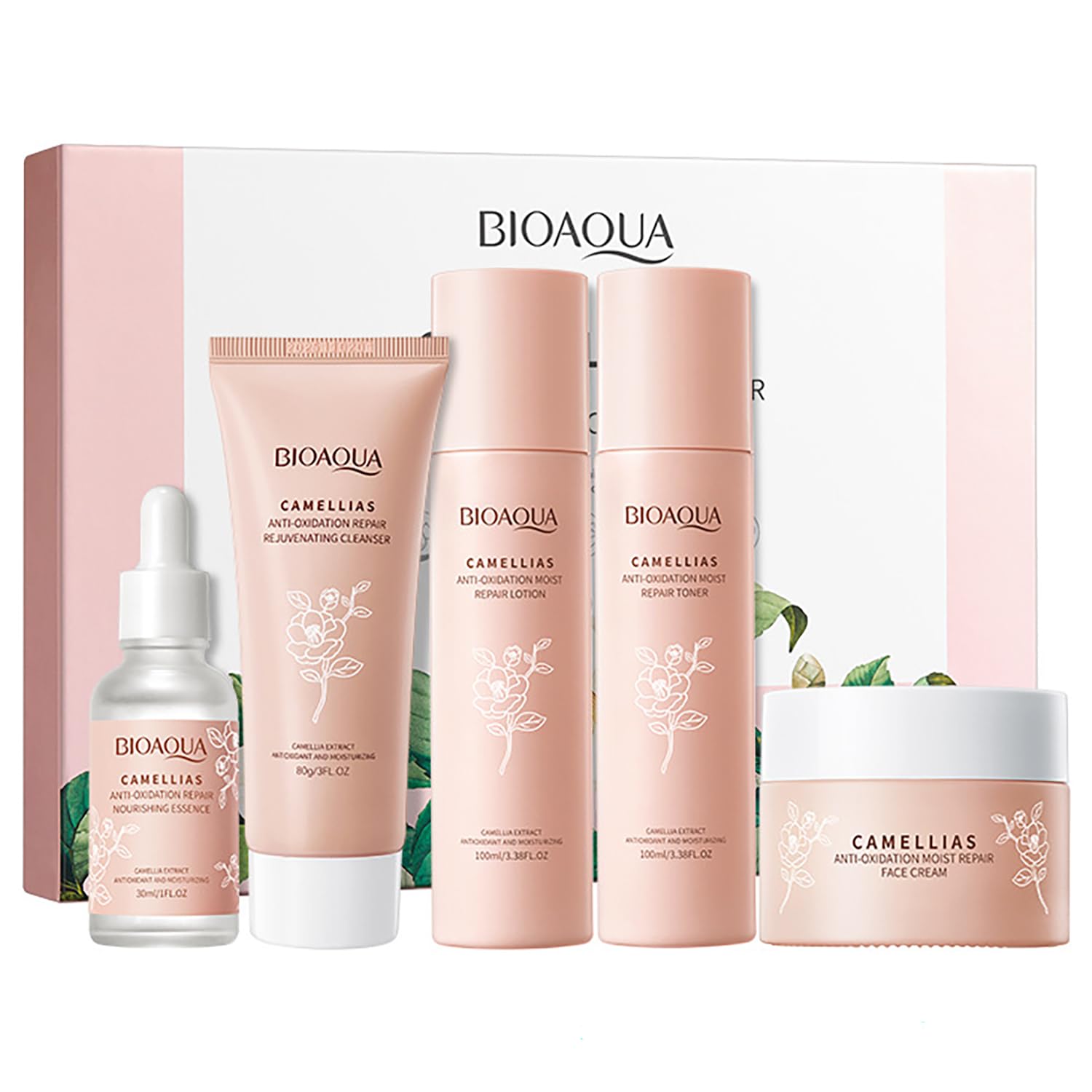 BIOAQUA Camellias Anti-Oxidation Moist Repair Toner Essence Face Cream Cleanser Lotion Camelia Flower Extract Serum Nourishing Emollient Moisturizing Skin Gift Box 100ml+30ml+50g+80g+100ml 5PCS Set