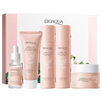 BIOAQUA Camellias Anti-Oxidation Moist Repair Toner Essence Face Cream Cleanser Lotion Camelia Flower Extract Serum Nourishing Emollient Moisturizing Skin Gift Box 100ml + 30ml + 50g + 100ml 5PCS