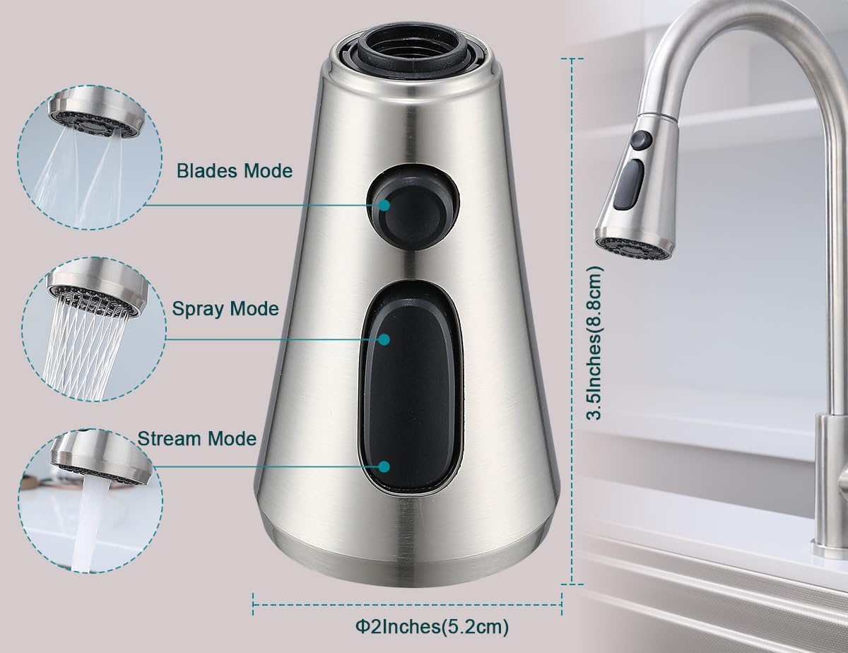 Kitchen Faucet Head Replacement, Pull Down Spray Nozzle with 9 Adapters, 3 Function Sprayer for Kitchen Sink, Brushed Nickel, Fit for Most Faucets