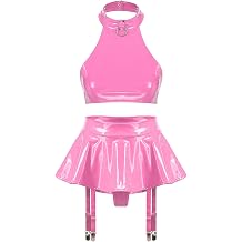 Oyolan Women Sexy Latex Two Piece Lingerie Outfits with Halter Top and Ruffle Mini Skirt Garter Clips
