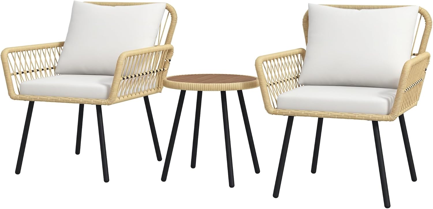Outsunny Conjunto de Muebles de Jardín Juego de 3 Piezas Sillas y Mesa de Ratán con 2 Sillas 1 Mesa de Centro Redonda y Cojines para Terraza Césped Balcón Natural