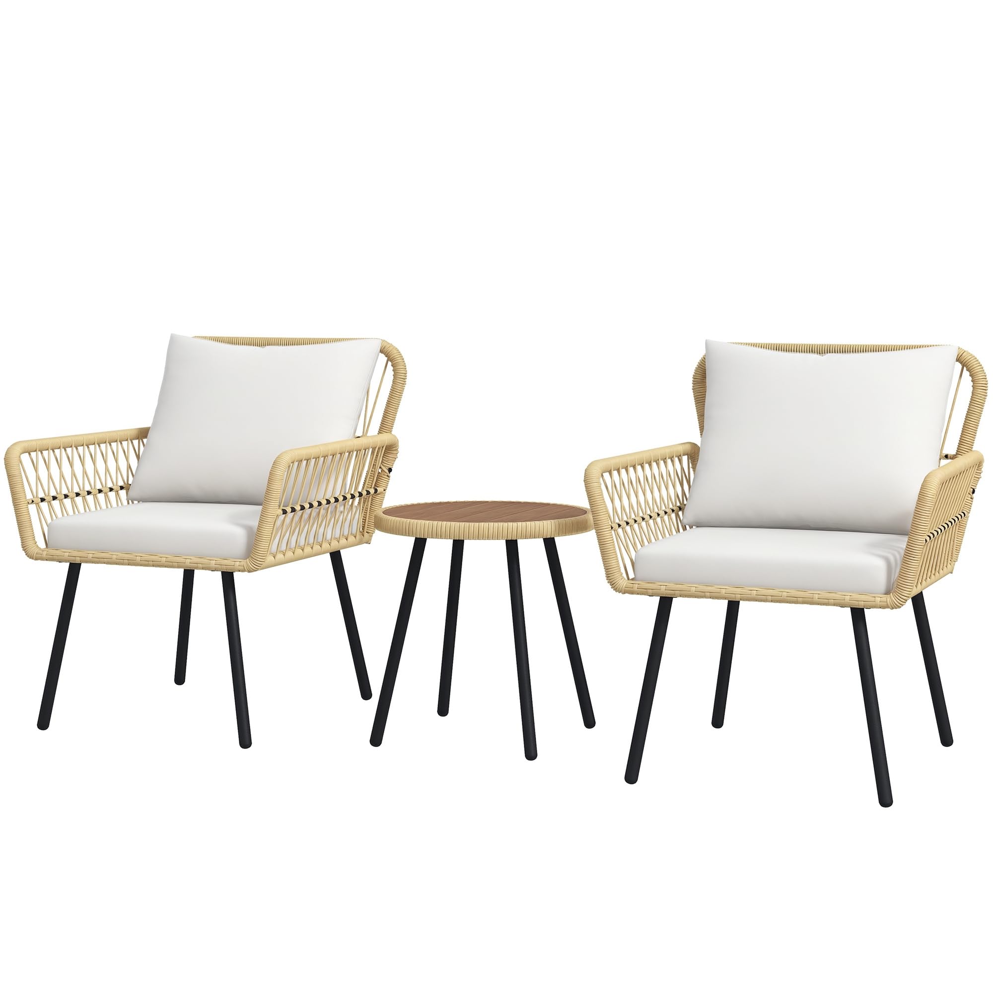 Outsunny Conjunto de Muebles de Jardín Juego de 3 Piezas Sillas y Mesa de Ratán con 2 Sillas 1 Mesa de Centro Redonda y Cojines para Terraza Césped Balcón Natural
