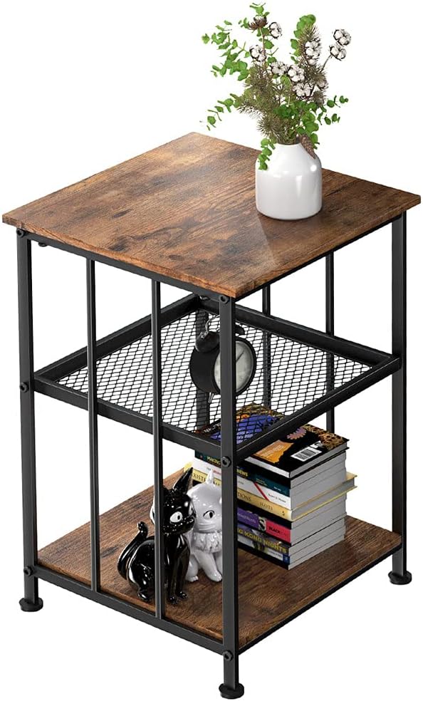 Dulcii Vintage End Table with 3Tier Storage Shelves for Living Room