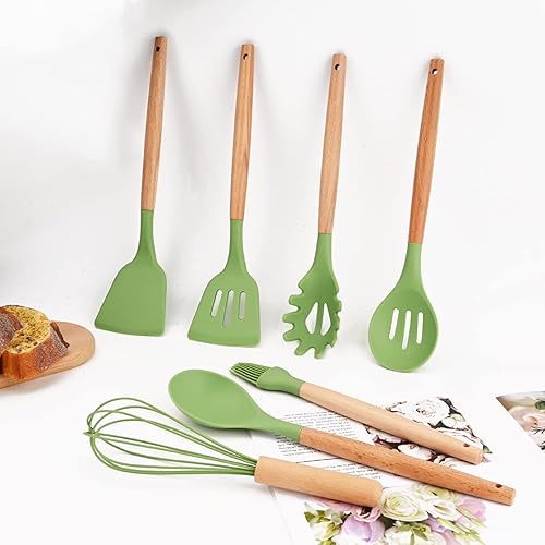 Miniatura 4 de 1 utensilio de cocina de silicona verde aguacate resistente al calor, mango de madera, espátulas de cocina antiadherentes para pescado, huevos y