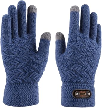 Light Blue Knitted Winter Touch Screen Gloves for Men Windproof Warm Full Finger Gloves with Soft Elastic Fit Thick Conductive Material for Cold Weather Outdoor Activities