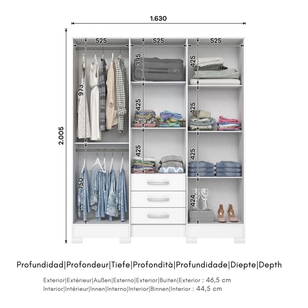 Armario Infantil Antares con Espejo, 6 Puertas y 3 Cajones – Moderno y Funcional - Blanco