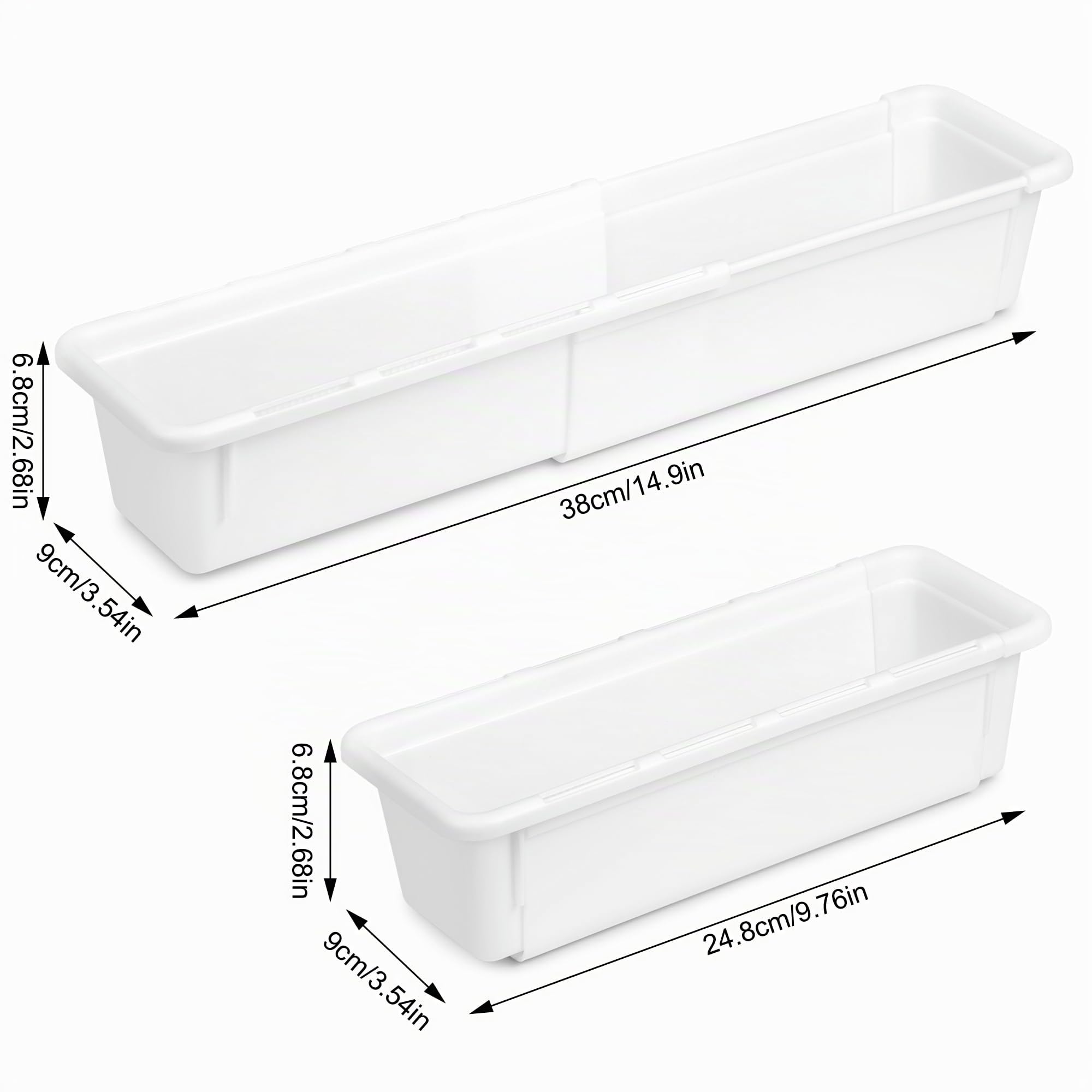 QIWODE Organizer Cassetti Estensibile, Scatola Divisori per Cassetti Plastica, Contenitori Cassetti Organizer Salvaspazio per Cucina Bagno, Ufficio, Armadio, Scrivania, Bianco(Confezione da 2)