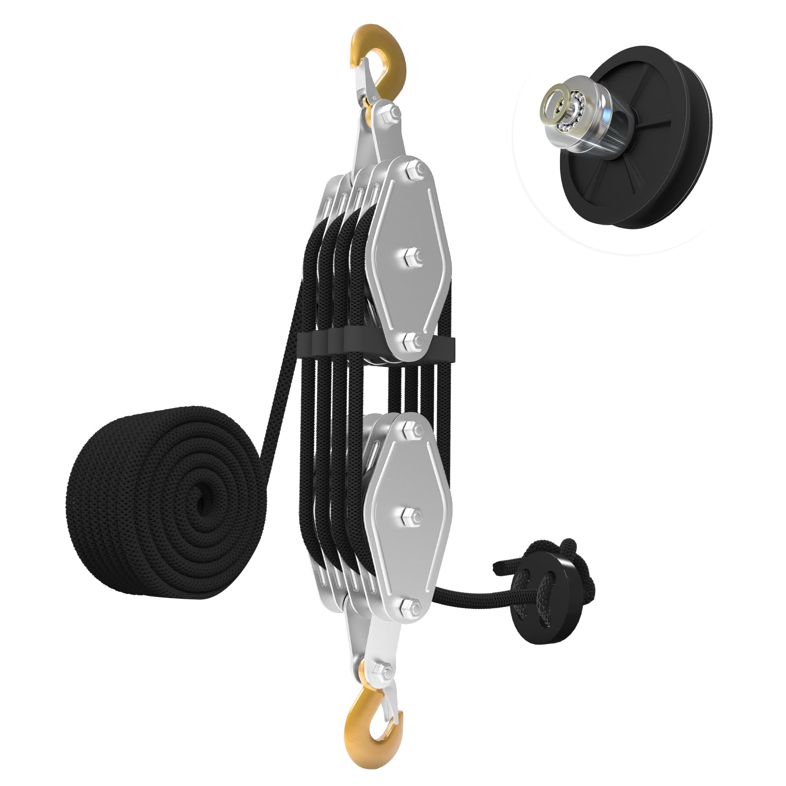 YATOINTO Rope Hoist Pulley System with Rope Guide Metal Bearing, 4400LB Pulley Block and Tackle, 8:1 Lifting Power 65ft, Heavy Duty Pulley Block for