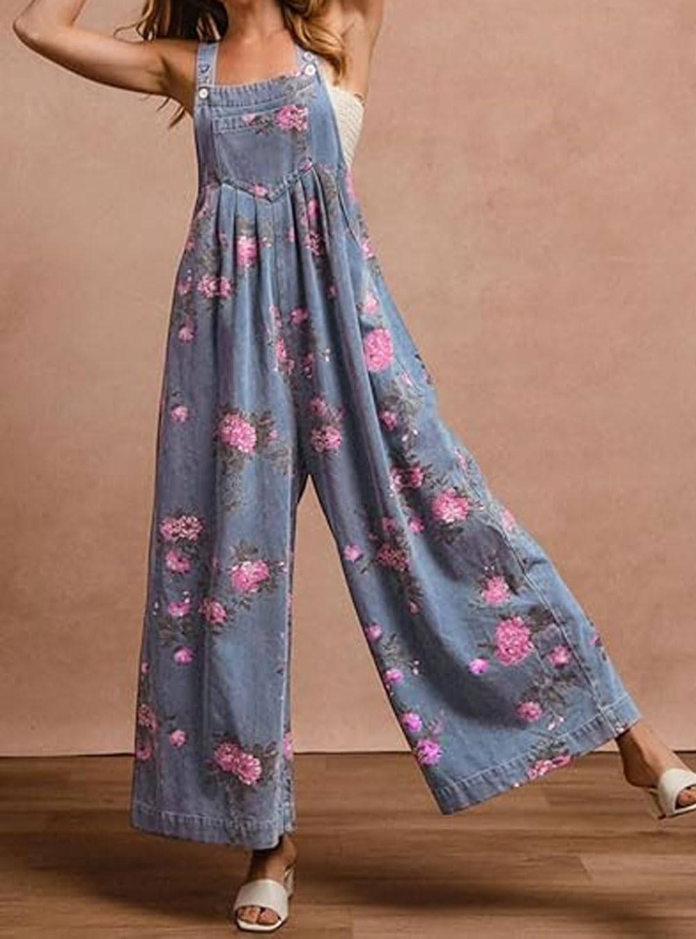 loveimgs Women Sleeveless Floral Jean Bib Overalls Wide Leg Denim Jumpsuit Flowy Long Tank Romper Jumper Y2k Flower Patchwork - Image 2