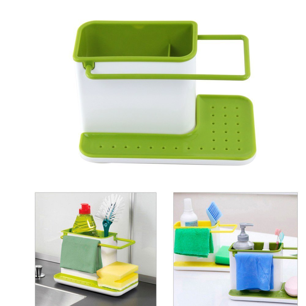 Dhruheer 3 in 1 Self Draining Sink Tidy Organiser Sponge Brush Holder, Size : 21 x 11.5 x 12.5 (LxWxH) cms, Color : Multy