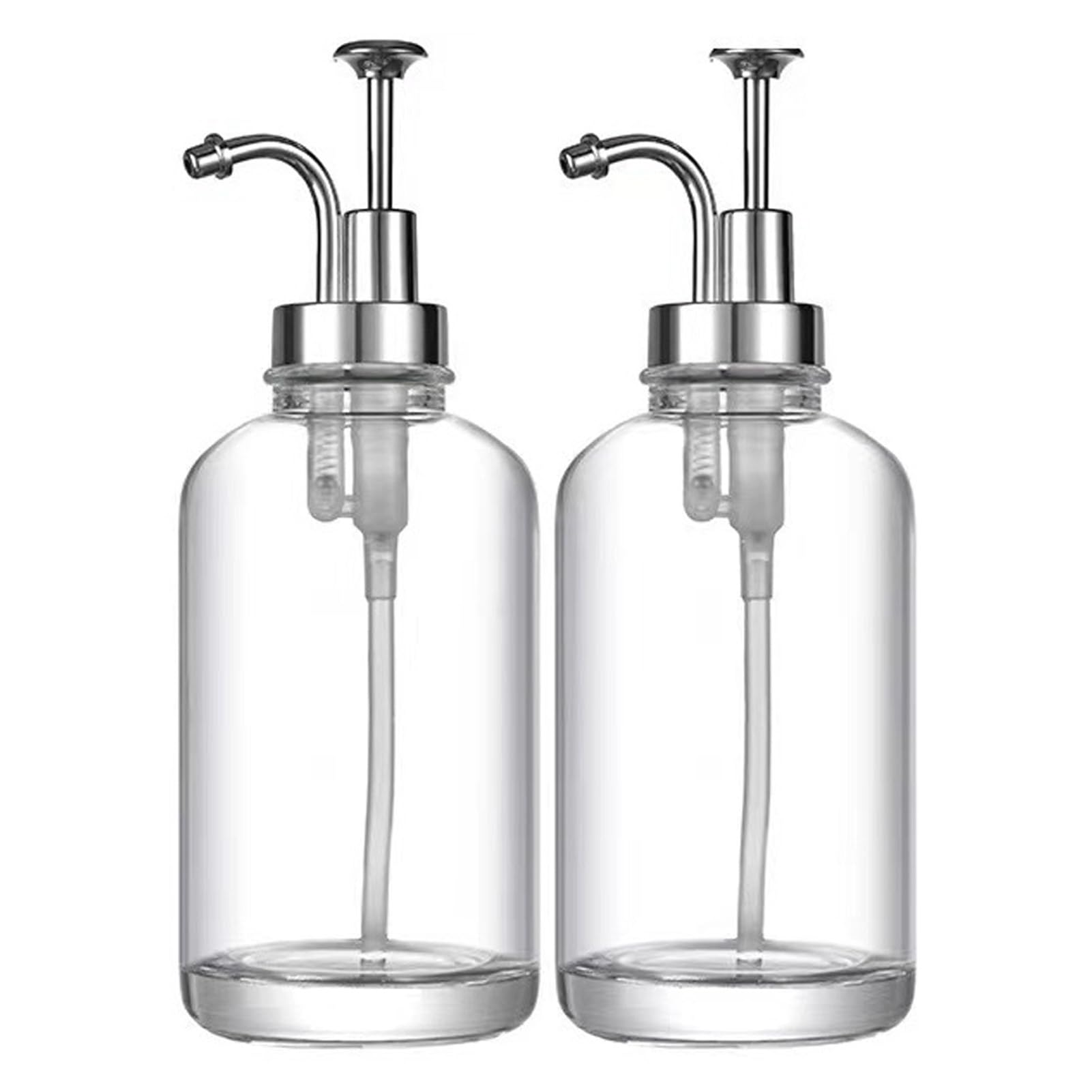 Dispenser per sciroppo trasparente in vetro ispessito, con pompa e imbuto, per cucina, caffè, bagno, 2 pezzi, 500 ml (2 pezzi, argento + adesivi)