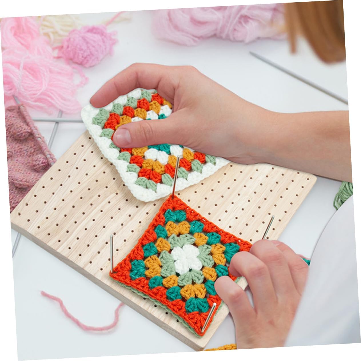 TEHAUX 1set Crochet Blocking Board Square Wooden Knitting Tools for Crocheting Projects Lightweight and Portable Handmade Blocking Board Positional Needles