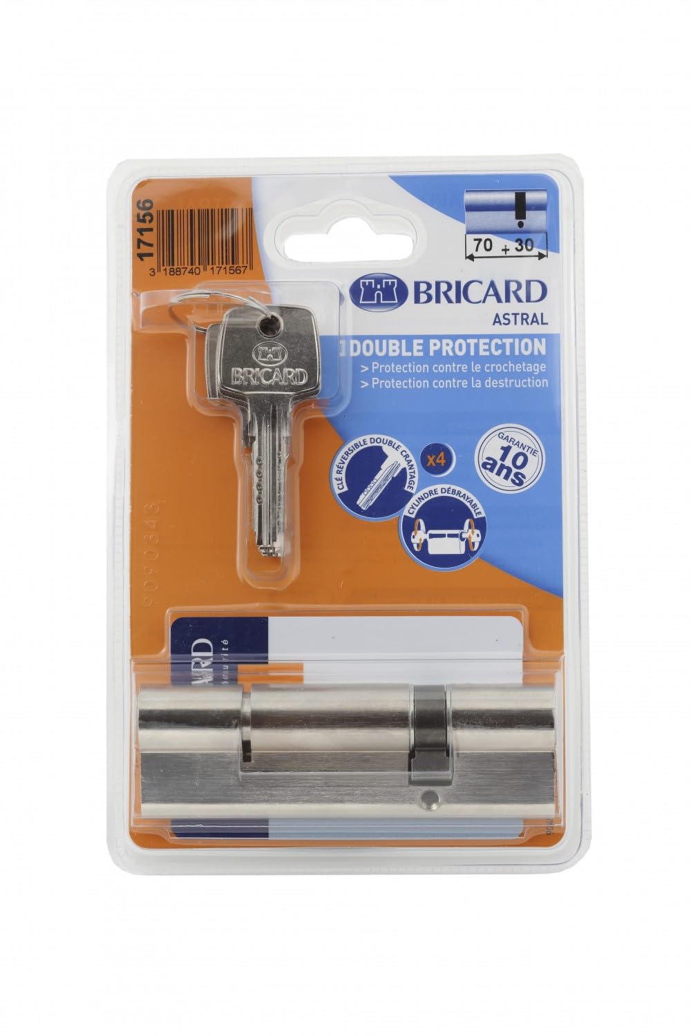 Bricard 17156 - Cilindro desmontable Astral 2, 9 de latón niquelado 10 pistones, 2 entradas 30+70, protección contra la perforación y la ganza. Tarjeta personal., Acero niquelado, 100 = 30+70