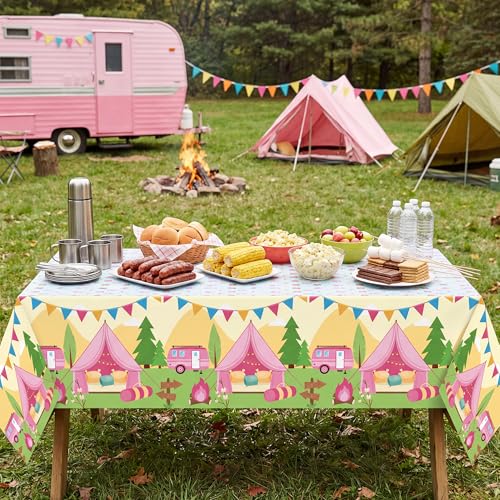Image of Table Cover Party Decor - 3 Pack Pink Camping Themed Disposable Plastic Rectangle Table Cloths Birthday School Christmas Holiday Party Favors Classroom Decoration Supplies Games Activities