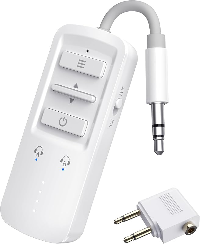 Airplane Bluetooth Transmitter Receiver for 2 Headphones, White | Wireless Audio Adapter for Plane, TV, Gym, Travel, Compatible with 3.5mm Aux Jack on Car and Home Stereo