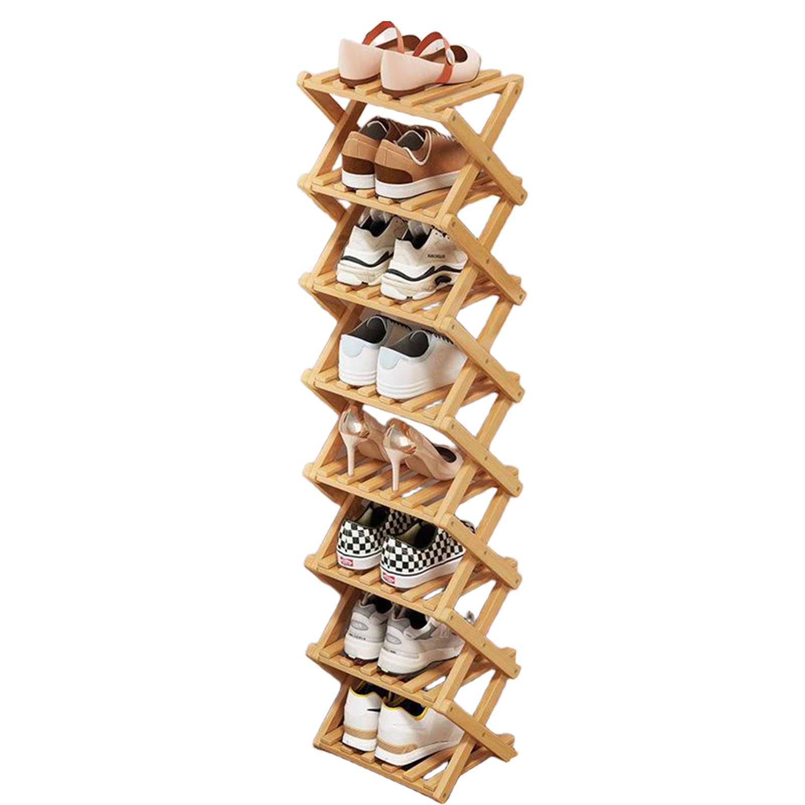 SHEBUYLLI Vertical Shoe Rack Small, Foldable Shoe Shelves Tall Narrow Shoe Rack Slim Shoe Shoe Storage Cabinet Corner Shoe Rack for Corridor Bedroom Hallway Small Spaces (Natural,8 Tier)