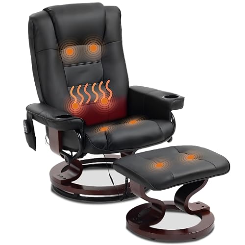 8-Point Massage Recliner with Ottoman, Heated PU Leather Reclining Chair