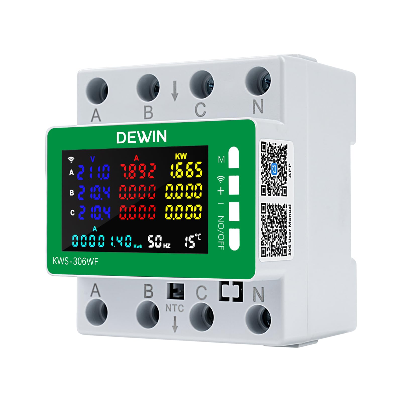 DEWIN Stromzähler 3 Phasen Wlan, KWS-306WF Tuya WiFi Stromzähler 3 Phasig 4 Leiter Voltmeter und Amperemeter Energiezähler Hutschiene mit APP-Fernbedienung 80A AC 85V–AC 290 V