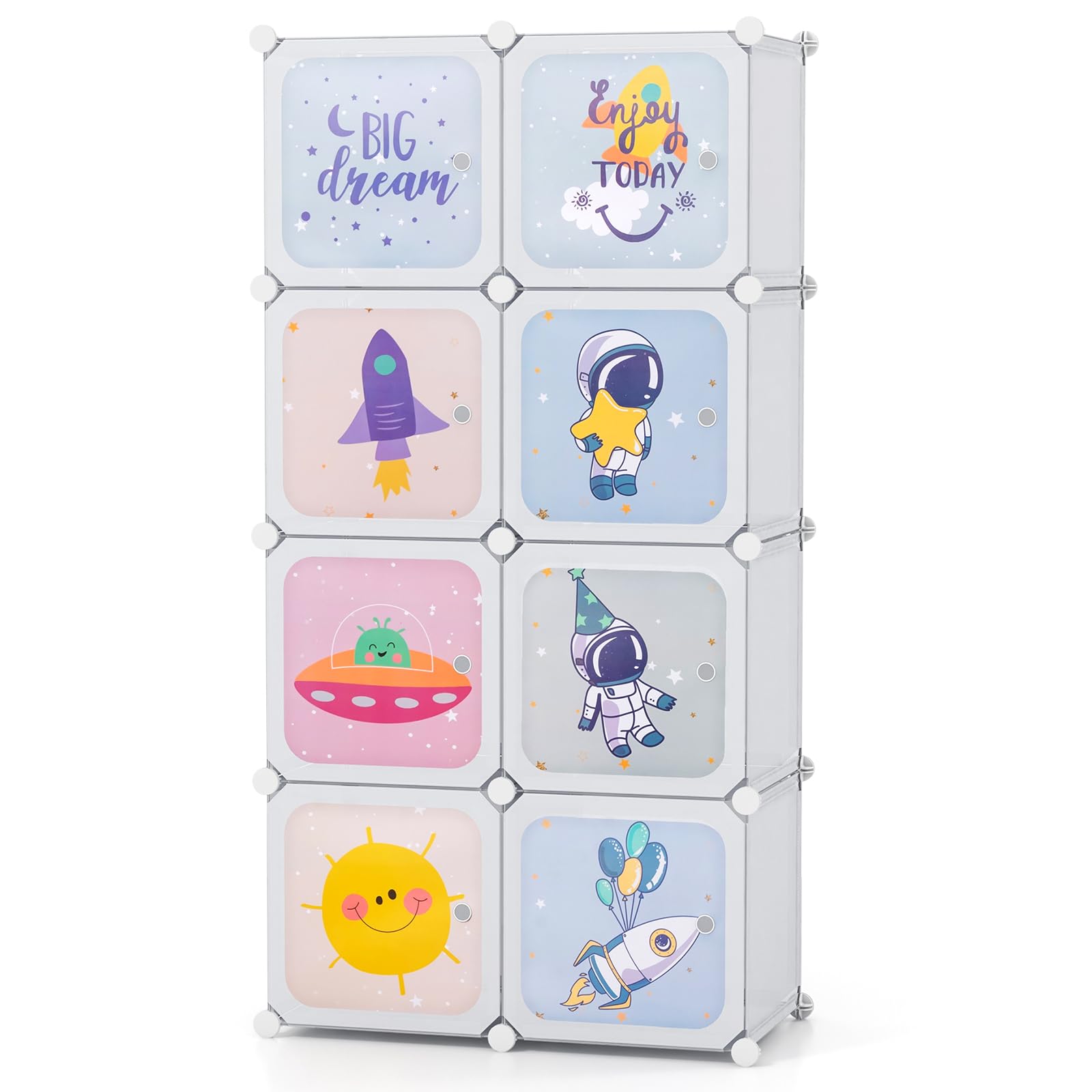 COSTWAY 8/12 Cube Children Clothes Closet, Cartoon Modular Wardrobe with Hanging Sections, Kids Storage Unit for Children Room, Nursery, Bedroom
