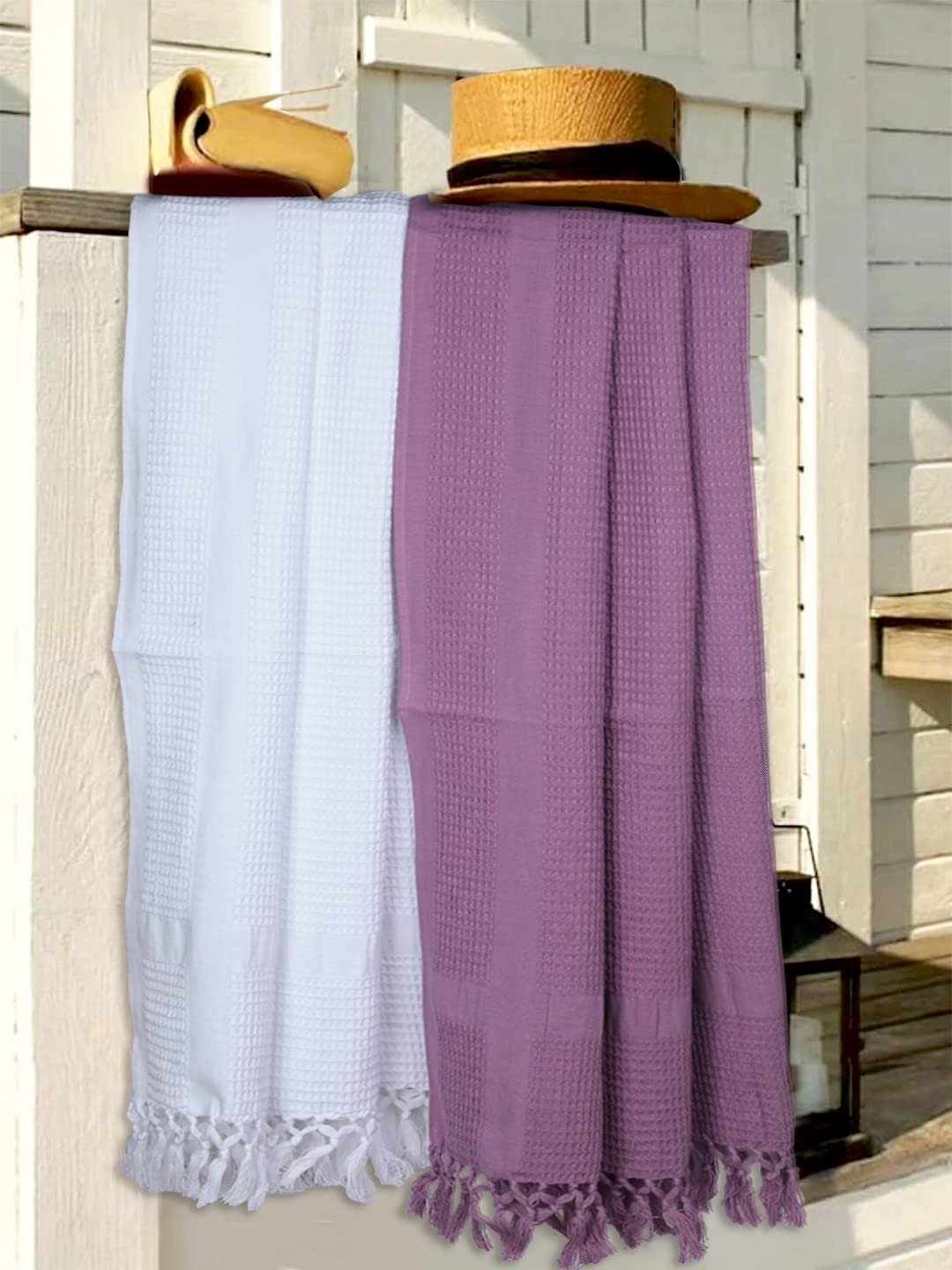 Bianca Soft Waffle 100% Organic Cotton Towel -2pc Bath Towel (Organic) - with Super Absorbency and Lightweight Waffle-Lavender/White