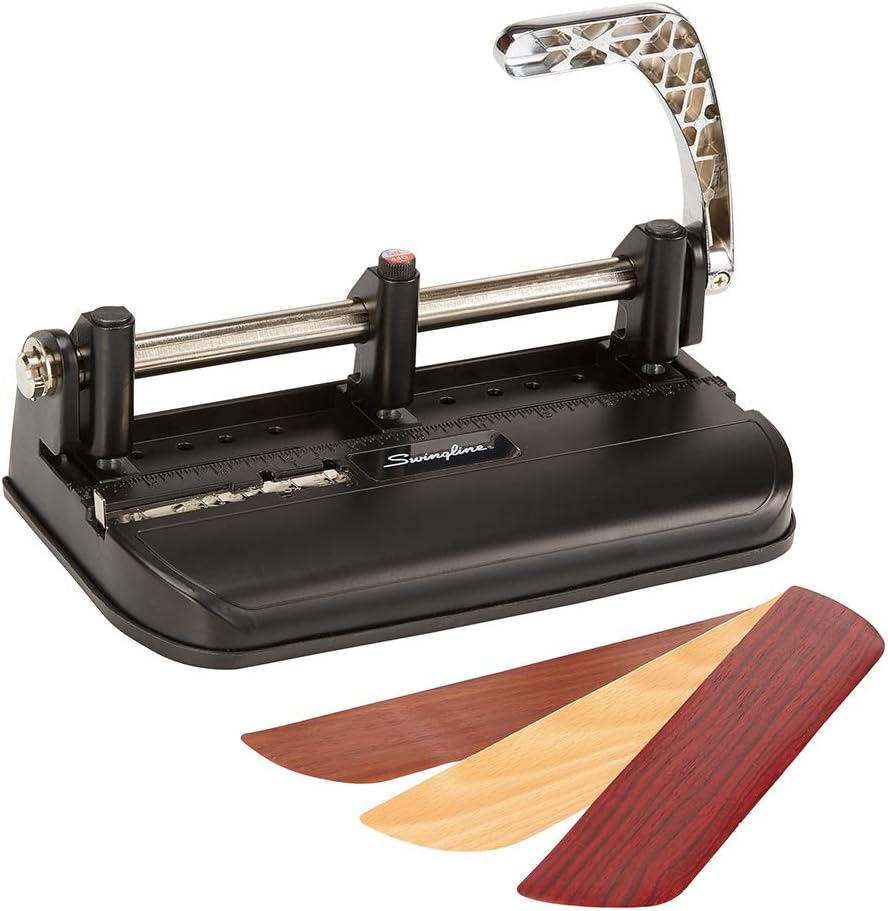 2-7 Hole Punch, Adjustable, Heavy Duty Hole Puncher, 40 Sheet Punch Capacity, Chrome/Black/Woodgrain (74400)