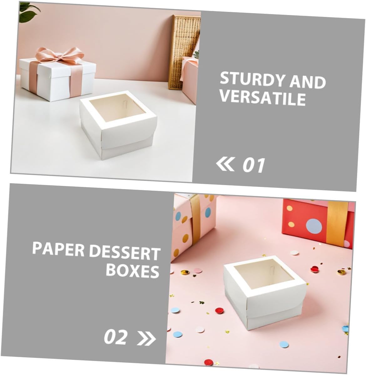 25pcs 4-inch Bakery Boxes with Window for Cupcake Individual Container, Food-grade 350gsm White Paperboard with Paper Tray, Square Cake Carrier for Desserts and Takeout Packaging