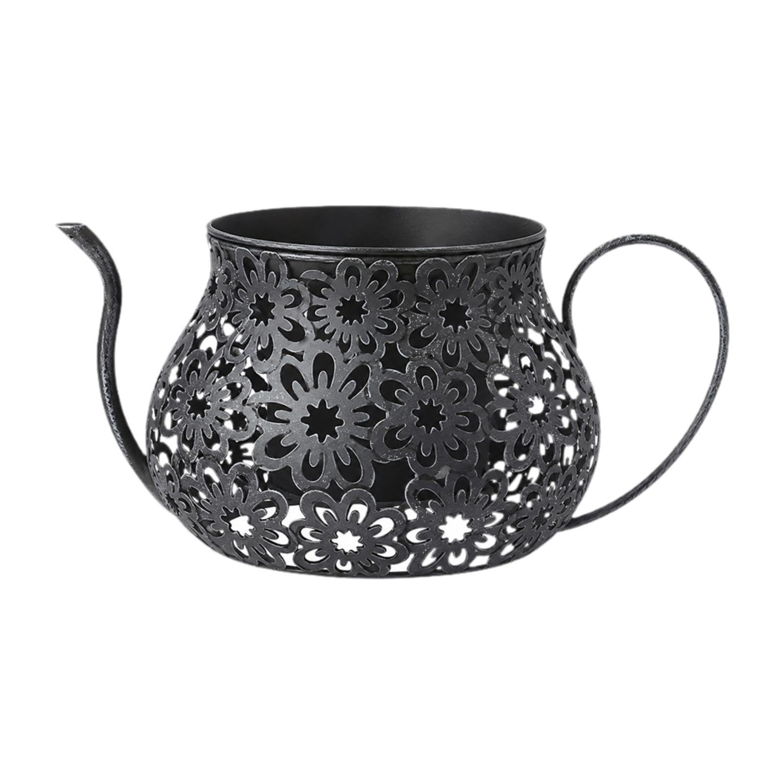 Homyl Vaso da Fiori a Forma di Tazza da tè, Vaso da Fiori in Ferro Antico con Intagli Traforati, Centrotavola, Vaso per Piante da Esterno, Estate, Nero