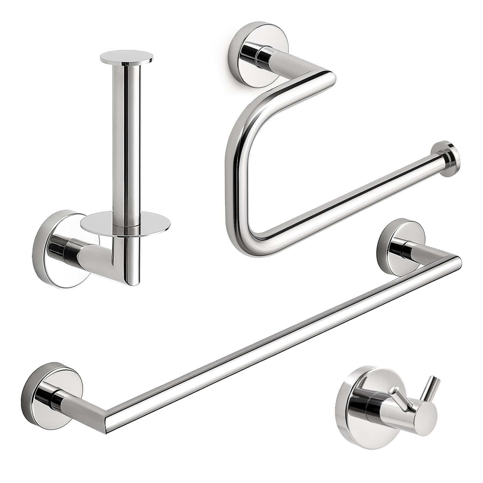 Set Premium 4 Pezzi Accessori Bagno Acciaio Inox 304 - Portasciugamani, Portarotolo, Anello & Doppio Gancio (Montaggio a Parete con Fori, Portata 15kg) - Cromo Specchio per Casa & Albergo