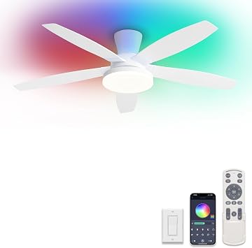 ZMISHIBO 48 inch RGB Ceiling Fans with Lights and Remote/APP Control,White Low Profile Ceiling Fan with Quiet DC Motor,LED Dimmable, Modern Flush Mount Ceiling Fan for Bedroom Indoor,Party, Patio