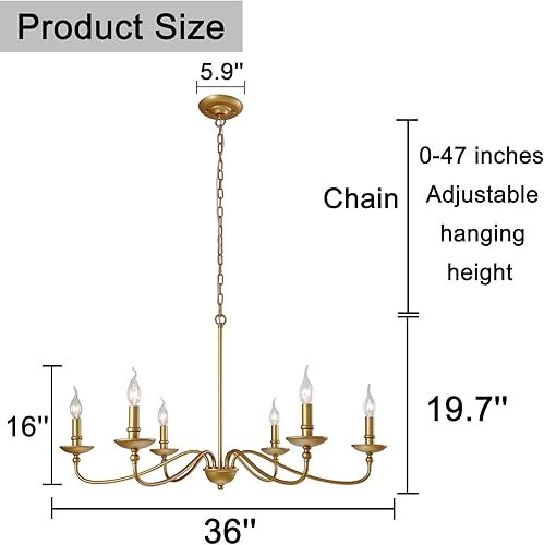 Miniatura 7 de SEOL - Lámpara colgante de hierro de 36 pulgadas de diámetro, estilo clásico de candelabro, rama grande, para colgar en el techo, 6 luces de 240 W,